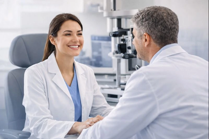 Optometrists collaborating in eye care clinic